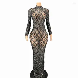 Stage Wear Sparkly Sequins Crystals Long Dress Women Evening Prom Party Birthday SexyTransparent Performance Costume Show