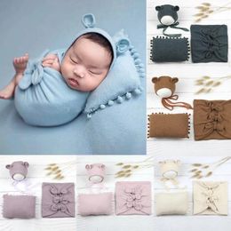 Blankets 3PCs Borns Pography Props Baby Blanket Infant Swaddle Wrap Posing Pillow Hat Set Po Shooting Shower Gift