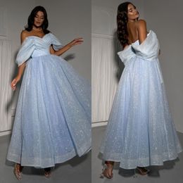 Light blue Prom Dresses A Line Off Shoulder formal Evening Dress elegant Ankle Length glitter Long Special Occasion Party dress