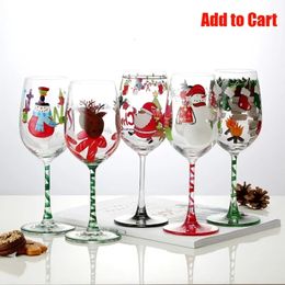 16oz Christmas theme Glass Goblet Cups Hand painted Santa Claus Snowman Reindeer Wine Cup Home Party Drinkware 240127