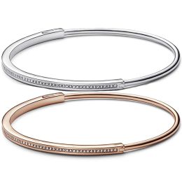 Bangles Original Rose Signature ID Pave With Crystal Bangle Fit Fashion 925 Sterling Silver Bead Bracelet Charm DIY Jewelry