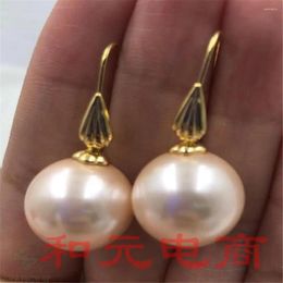 Dangle Earrings 16MM HUGE Pink Shell Pearl 18K Gold Plating TwoPin Mesmerizing Dangler Classic Party South Sea