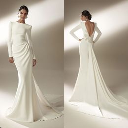 Satin Mermaid Simple Wedding Dresses Classic Long Sleeve Backless Applique Bridal Gown Sweep Train Formal Trumpet Dress