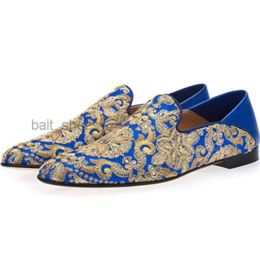 gold embroidery loafers hombre moccasins flat heel blue groom wedding dress shoes big size euro 38-46 2024