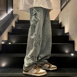 Y2K Vintage Men Korean Blue Streetwear Oversize Star Aesthetic Straight Trousers Wide Leg Jeans Grunge Denim Pants Women Clothes 240124