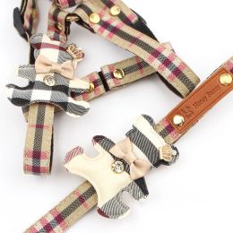 Sets Pet Dog Harness Leash 2 Sets Classic Cheque Bow Teddy Collar Dog Walking Rope Chain For Small Medium Pet Harness Suit Leash Set