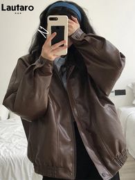 Lautaro Spring Autumn Oversized Retro Black Brown Leather Jacket Women Zipper Long Sleeve Loose Casual Cool Korean Clothes 240125