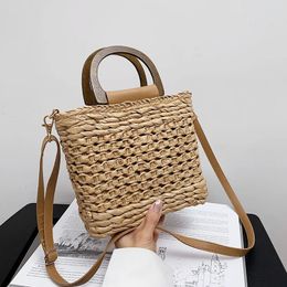 JIOMAY Straw Bags Summer Women Tote Bags Designer Handbags PurseS Weave Drawstring Closure Wooden Handle Beach Shoulder Bag 240118