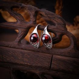 Earrings High Quality 925 Sterling Silver Drop Earrings Natural Stone Red Garnet Dangle Earrings Women Jewelry Gift Bohemian Minimalism