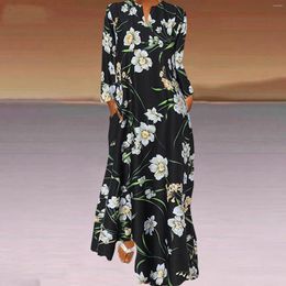 Casual Dresses Womens O Neck Print Maxi Dress Autumn Loose Boho Long Sleeve Spaghetti Large Size Vestidos Para Mujer
