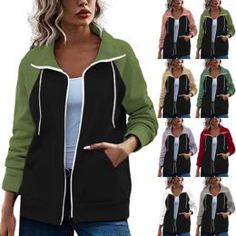 Women's Hoodies Colour Matching Top Zippered Cardigan Long Sleeved Sweatshirt Sweater Women