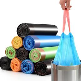 5 rolls of 75 garbage bags household portable drawstring thickened closure large tank top kitchen plastic bag 240125