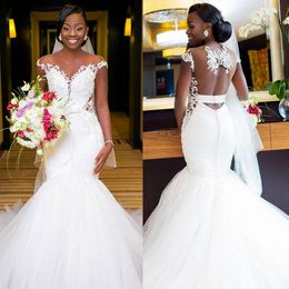 African Arabic Mermaid Wedding Dress for Bride Illusion Sheer Neck Beaded Tulle Bridal Gowns for Black Women Girls Tulle Marriage Dress Beach Wedding Gowns D129