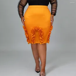 Skirts Elegant Bodycon Orange For Women High Waisted Ruffles Sheath Package Hips Mid Calf Luxury Birthday Party Dinner