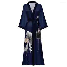 Women's Sleepwear Sexy Female Print Flower Long Robe Kimono Bathrobe Gown Spring Summer Nightgown Loose Rayon Home Dress