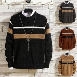 Autumn and Winter Sweaters Men's Round Neck Stripe Contrast Chenille Elastic Casual Versatile Solid Knit Pullover Top 240125