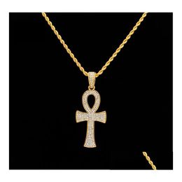 Pendant Necklaces Hiphop Egyptian Ankh Key Gold Sier Bling Rhinestone Crystal Crucifix Necklace For Mens Hip Hop Drop Delivery Dhnjc