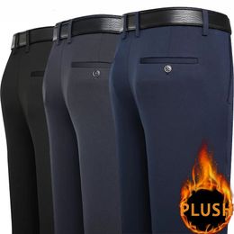 Men's Autumn Winter Stretchy Pants Plush Smart Casual Suit Pants Loose Straight Navy Blue Black Dress Pants Thick Warm Trousers 240122