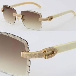 2022 New Metal Micro-paved Diamond Set Rimless Sunglasses Original White Genuine Natural Buffalo horn Sun glasses Male and Female 269r