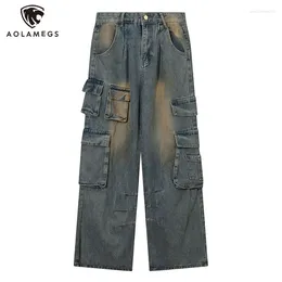 Men's Jeans Cargo Pants Multi-Pocket High Street Blue Washed Distressed Trousers Hip-Hop Straight Leg Loose