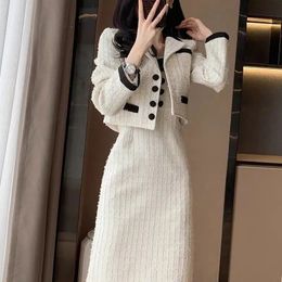 UNXX Autumn Women's Clothing Elegant and Small Fragrance Wind Suit White Strap Dress Two-Piece Set for Office Lady 240124