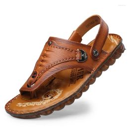 Slippers Reef Leather Fanning Flip Flop - Men's Genuine Breathable Clip Toe Herringbone Soft Sole Beach Sandals