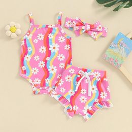 Clothing Sets Baby Girl Shorts Set Flower Print Spaghetti Strap Sleeveless Romper Tank Tops With Headband Floral Outfit 3pcs