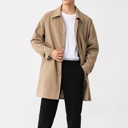 Men Trench Loose Fashion Urban Business Casual Gentlemen SolidColor MidLength Japan Style Youth Luxury Khaki Windbreaker 240118