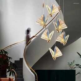 Chandeliers Colorful Butterfly Chandelier Modern Restaurant Stair Bedside Pendant Lamp Nordic Minimalist Duplex Staircase Decorative Light