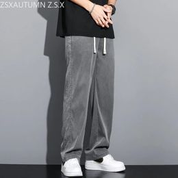 Plus Size M-5XL Summer Soft Lyocell Fabric Men's Jeans Korea Casual Trousers Thin Loose Straight Pants Drawstring Elastic Waist 240125