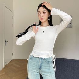 2024 spring Long Sleeve Round Neck Black White Solid Colour T-Shirt Elegant Simplicity Elasticity Draw the rope tie Tops Daily Outfit