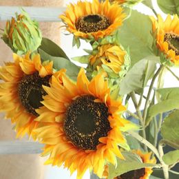 Decorative Flowers 3Pc Artificial Sunflower 87cm Fake Long Branch Yellow Flower Wedding Home Decoration Garden Party El Display Flowe