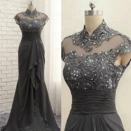 Vintage Silver Mother of the Bride Gowns High Neck Short Sleeves Mother's Dress for Marriage Bride Lace Beaded Sequined Gowns for African Groom Black Women MD019