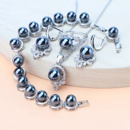 Sets 925 Silver Black Pearl Jewellery Sets For Women Wedding Rings Pendant Necklace Earrings White CZ Stones Bracelets Bridal Set