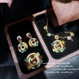 Sets 2022 Brilliant Retro Candy Crystal Gema Earrings Ring Necklace 14K Gold Color Rainbow Coloured Glaze Weddding Bridal Accessories