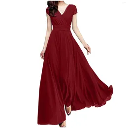 Casual Dresses Elegant A Line Chiffon Prom Women's V Neck High Waist Ruffles Large Swing Dress Solid Short Sleeve Evening Party