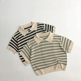 Spring Autumn Children Knitting Hollow Out Polo Shirt Girl Baby Loose Short Sleeve Pullover Tops Boy Kid Casual Striped Tees 240119