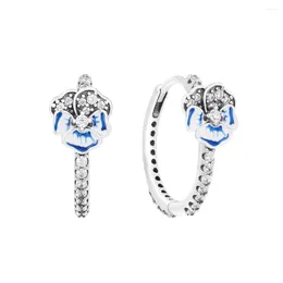 Hoop Earrings 925 Sterling Silver Blue Pansy Flower For Women Jewelry Clear CZ Ear Brincos Wholesale