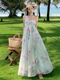 Casual Dresses Summer Elegant Flower Print Fairy Bandage Suspender Dress Women Fashion Backless Long Female Slim Party Club Sundress Boho