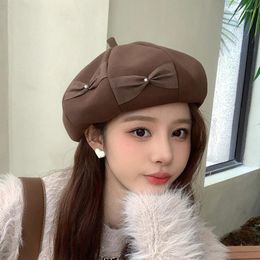 Berets Vintage Beret Hat For Women Pearl Bowknot Woollen Painter Pumpkin Girl 2024 Mushroom Winter Cute