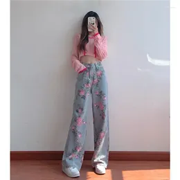 Women's Pants Y2K Rose High Waist Painted Jeans Women Korean Sweet Cool Retro Loose Slim Print Straight Wide-leg 2024 Spring