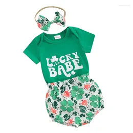 Clothing Sets Baby Girls Irish Day Shorts Short Sleeve Letter Print Romper Tops Clover PP Headband