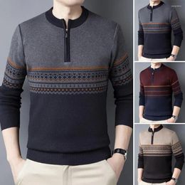 Men's Sweaters Men Top Zipper Decor Crew Neck Long Sleeve Striped Knitted Vintage Printed Elastic Thick Warm Pullover Plus Size Sweater