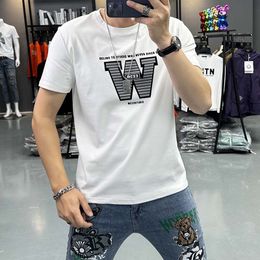 Men's T-shirt Summer New Minimalist Letter Round Neck Short Sleeved Shirt Top Mercerized Cotton Fashion Trend Male Clothing 7XL