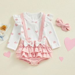 Clothing Sets Infant Baby Girls 3Pcs Spring Outfits Long Sleeve Heart Print Tops Ruffle Suspender Shorts Headband Set Born Clothes