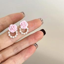 Backs Earrings Fake Piercing Simulated Pearl Clip On For Women Pink Enamel Flower Ear Cuff Earings Pendientes Mujer