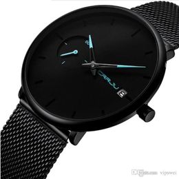 Men Luxurious high quality fashion Quartz Watch simple design Ultra thin dial Stainless steel milan mesh strap Watches Auto Date W265D