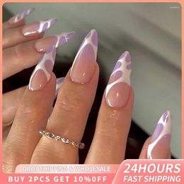 False Nails 24pcs Purple Line Fake Art Artificial Stiletto Full Cover Press On Tips Reusable Gel Finished Nail