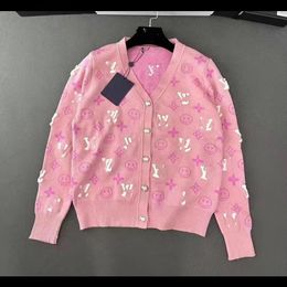Women's new design pink logo floral jacquard v-neck single breasted knitted sweater tops coat SMLXL