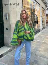Women Green Striped Crochet Knitted Cardigan Casual Loose Lantern Sleeve Oversize Sweater Autumn Fashion Chic Ladies Streetwear 240122